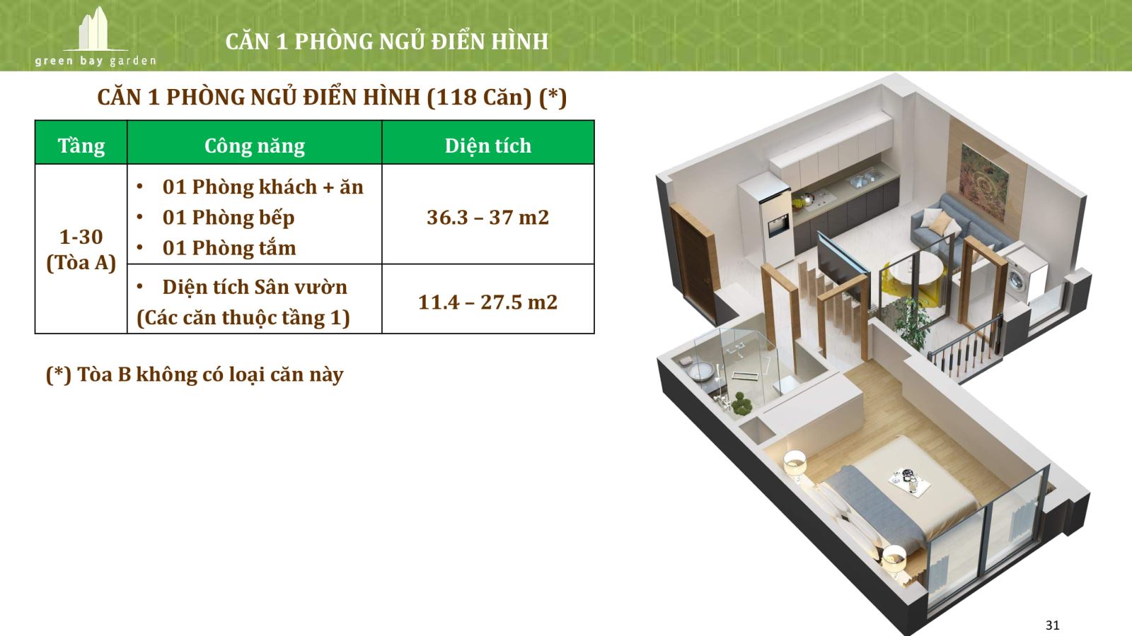 thiết kế căn 1 phòng ngủ tòa A